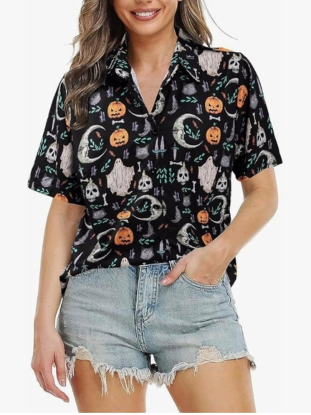 BNWT Women’s Black Whimsical Halloween Button-Down Short Sleeve Top